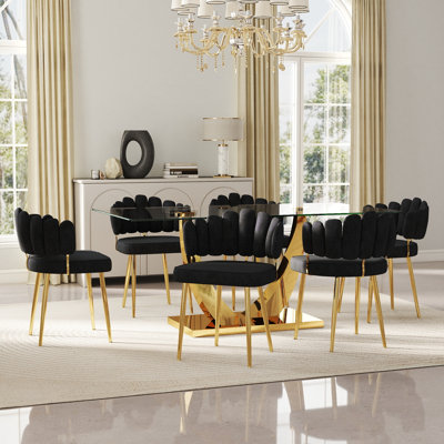 Ensemble de chaises de salle à manger élégantes en velours capitonné et dossier tressé avec pieds en métal
