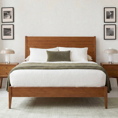 Base de lit plateforme en bois de bambou massif de style Mid-Century avec lattes de bois et support en métal