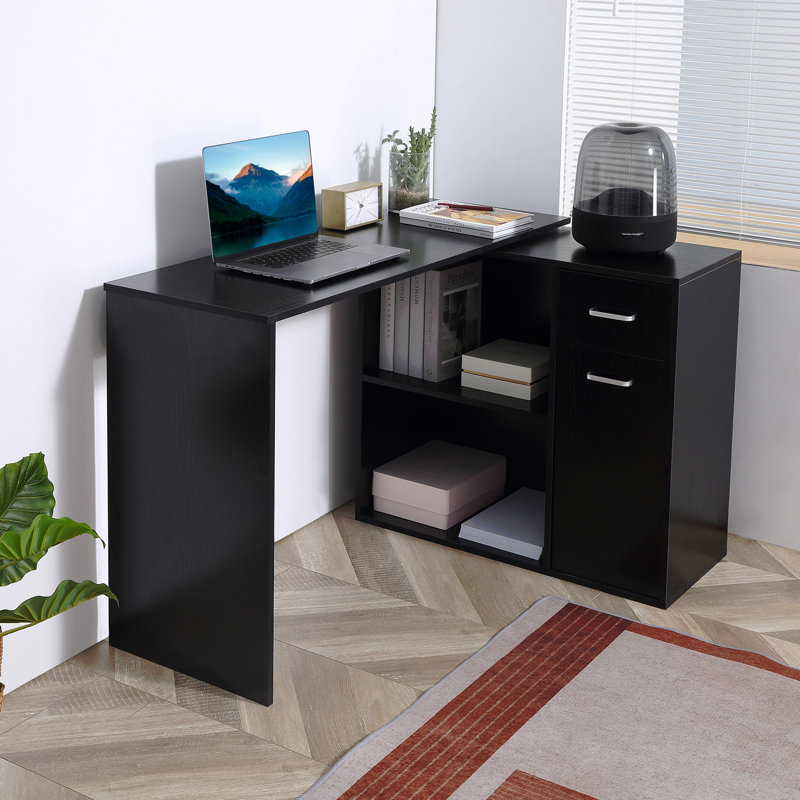 Bureau d'ordinateur en L, bureau d'angle rotatif à 180 ° avec tablettes de rangement, tiroir et armoire, poste de travail d'étude pour bureau à domicile