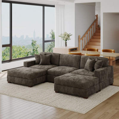 5 - Piece Upholstered Camel Chenille Modular Sectional Sofa with Throw Pillows & Removable Ottomans