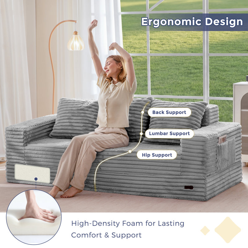 Boneless 4 In 1 Convertible Boneless Couch, Gray, 21" H x 80" W x 37.8" D 