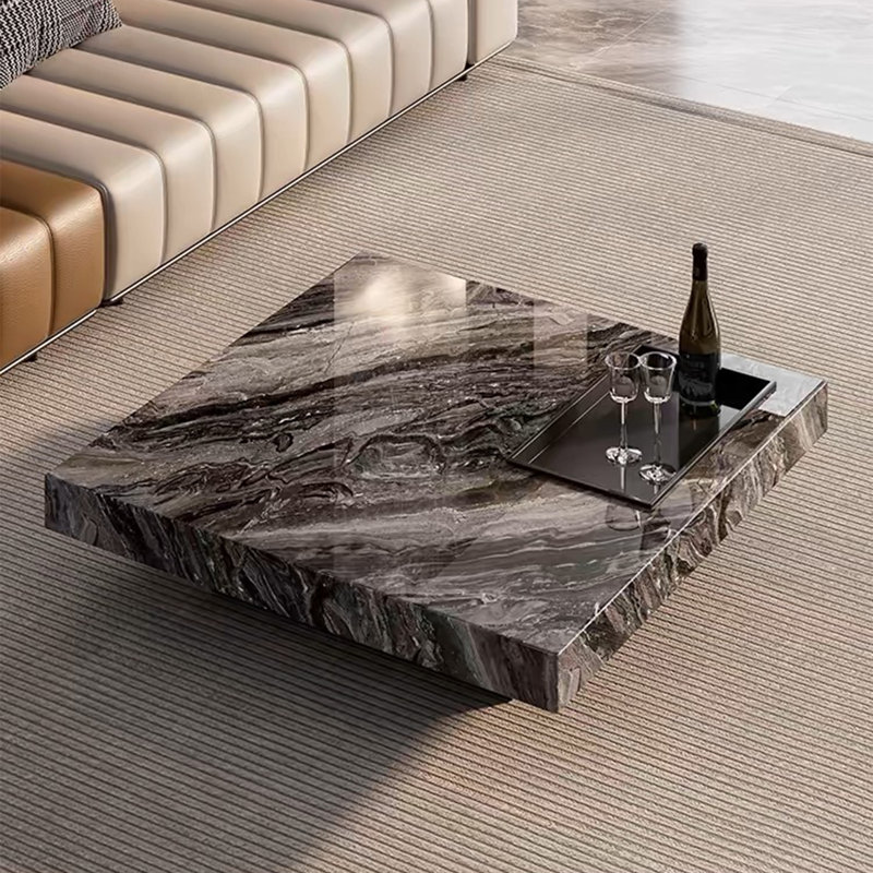 Faux Marble Modern Square 42" Coffee Tables 2 Legs Cocktail Tables for Living Room, Black, Black