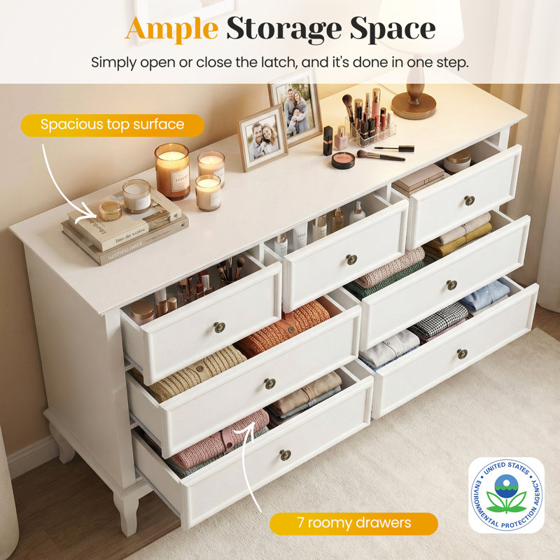 7 Drawer Dresser With Solid Wood Legs, White