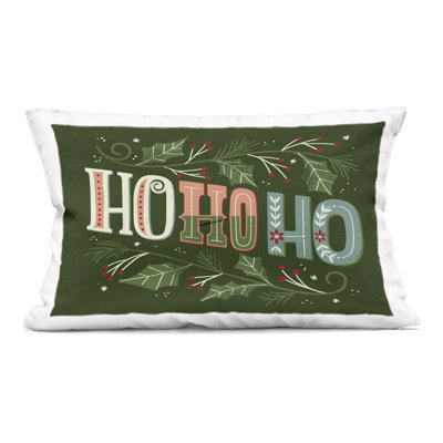 Ho Ho Ho Winter Holly Leaves Decorative Printed Throw Pillow, design by Loni Harris
