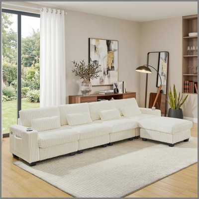 L-shaped Corduroy Modular Sectional Sofa with Detachable Footrest, Dual Side Armrests Built-in Storage Pockets and Cup Holders, Sturdy Plastic Support Feet for Living Room-Beige