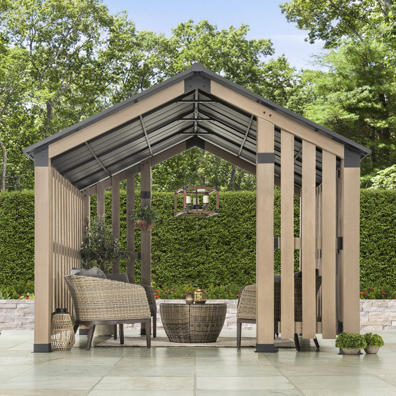 Sunjoy Hardtop Gazebo 11 x 11 ft. Outdoor Cedar Framed Wood Gazebo Privacy Screen Backyard Hot Tub Gazebo with with Ceiling Hook