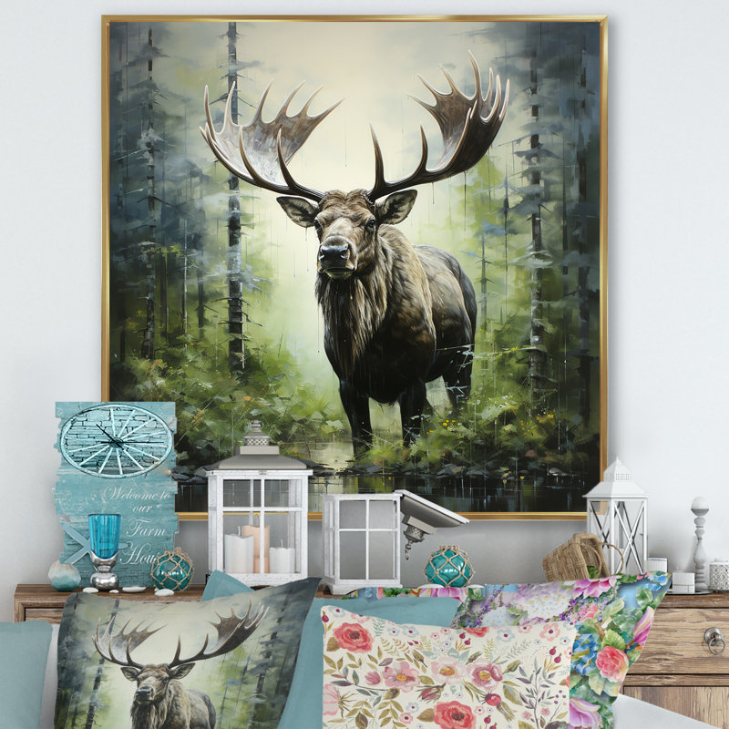 Mystic Moose In Forest III - Moose, art mural, H 36 po x l 36 po x P 1,5 po, Cadre flottant doré