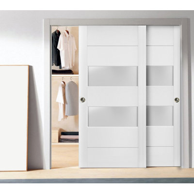 Sliding Closet Frosted Glass 2 lites Bypass Doors 72 x 84 inches Lucia 4010 White Silk Sturdy Rails Moldings Trims Hardware Set Wood Solid Bedroom Wardrobe Doors