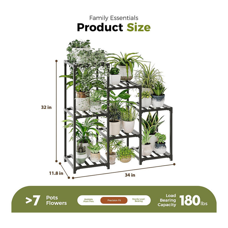 Black 3-Tier Bamboo Ladder Plant Stand for 7 Pots