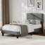 Structure de lit plateforme simple avec tête de lit tapissier, tissu gris foncé, support en lattes de bois, chambre à coucher, style moderne-532467689