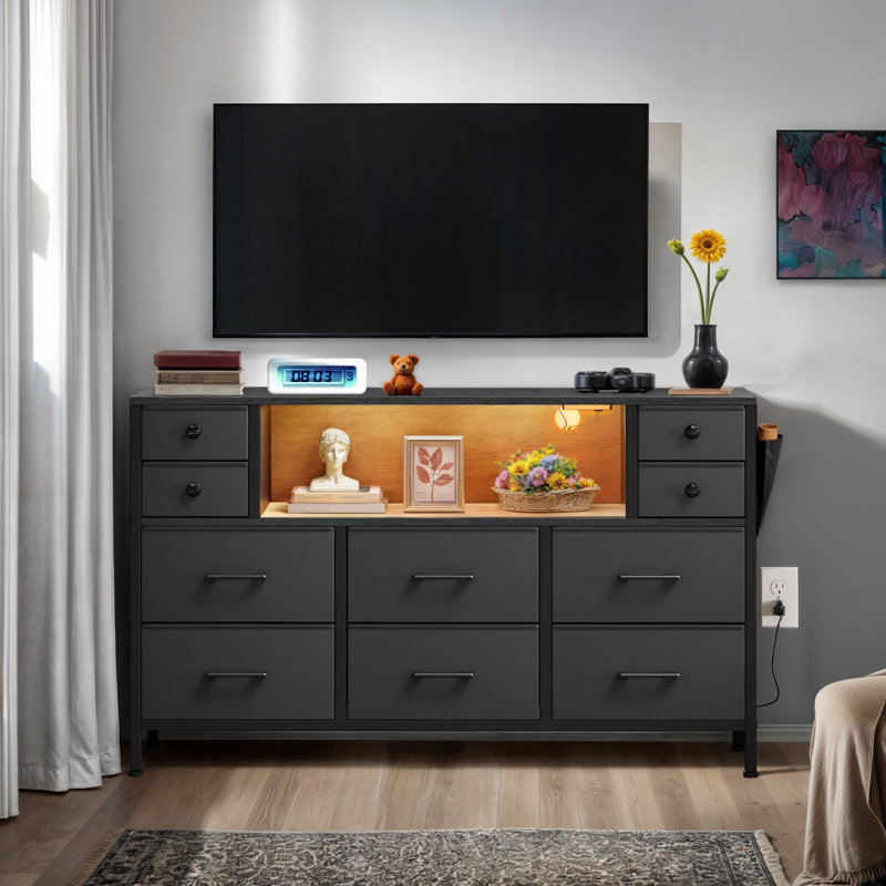 Commode 10 tiroirs en tissu avec 10 lumières DEL et ports USB 55 po, Noir, noir, noir, noir