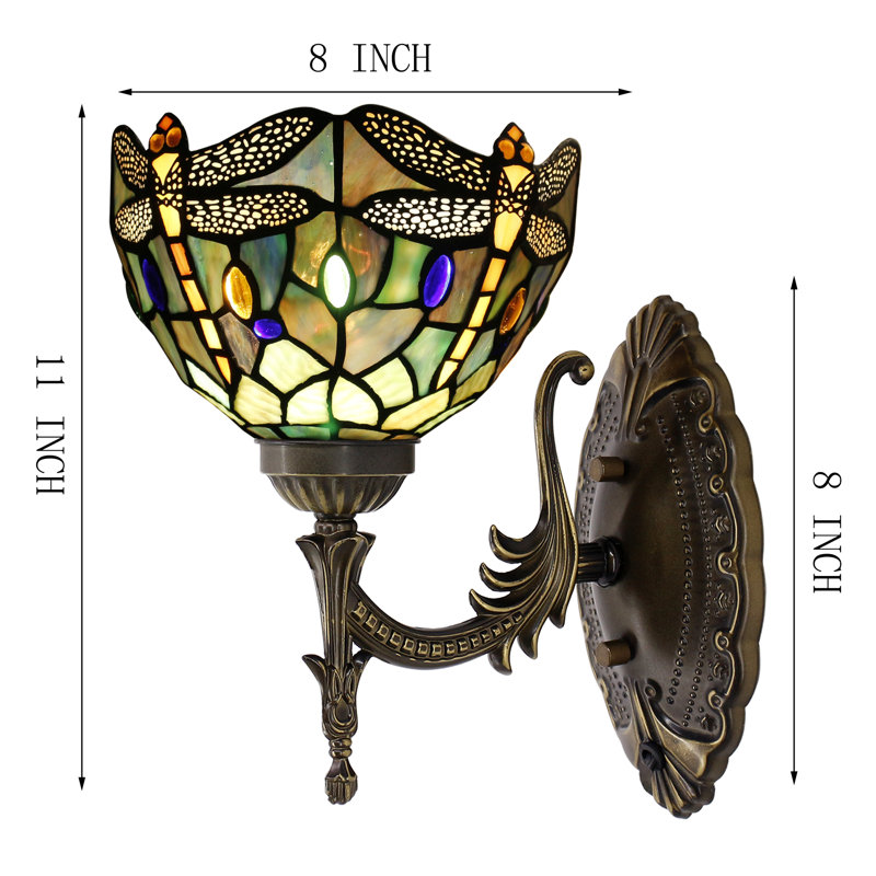 Applique murale Tiffany en verre coloré 8 x 10,5 x 11 pouces pour lampe de chevet dans le couloir (style libellule brun vert jaune)