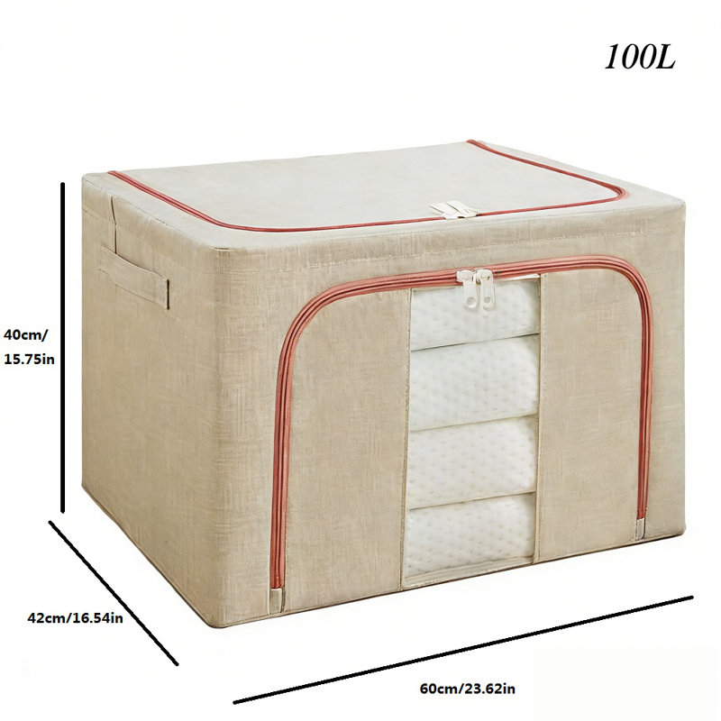 Boîte de rangement pliable en lin 100% coton avec cadre en acier, couvercle et poignées pour fenêtre, Beige