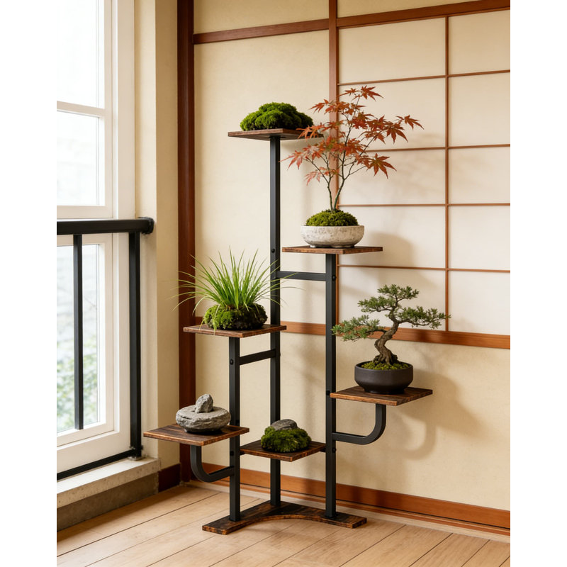 Support pour plante à 6 niveaux d'angle - Organisateur de tablettes en métal et bois pour le salon, le balcon et la maison