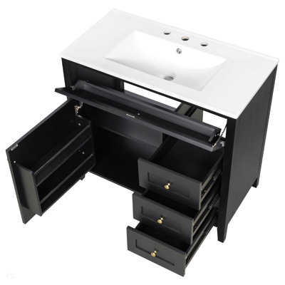 Meuble-lavabo noir 36 po avec lavabo, panneau de fibres à densité moyenne moderne et bois d'hévéa avec 3 tiroirs et tablette réglable, meuble-lavabo autoportant pour le rangement et l'organisation de la salle de bain (porte de gauche)