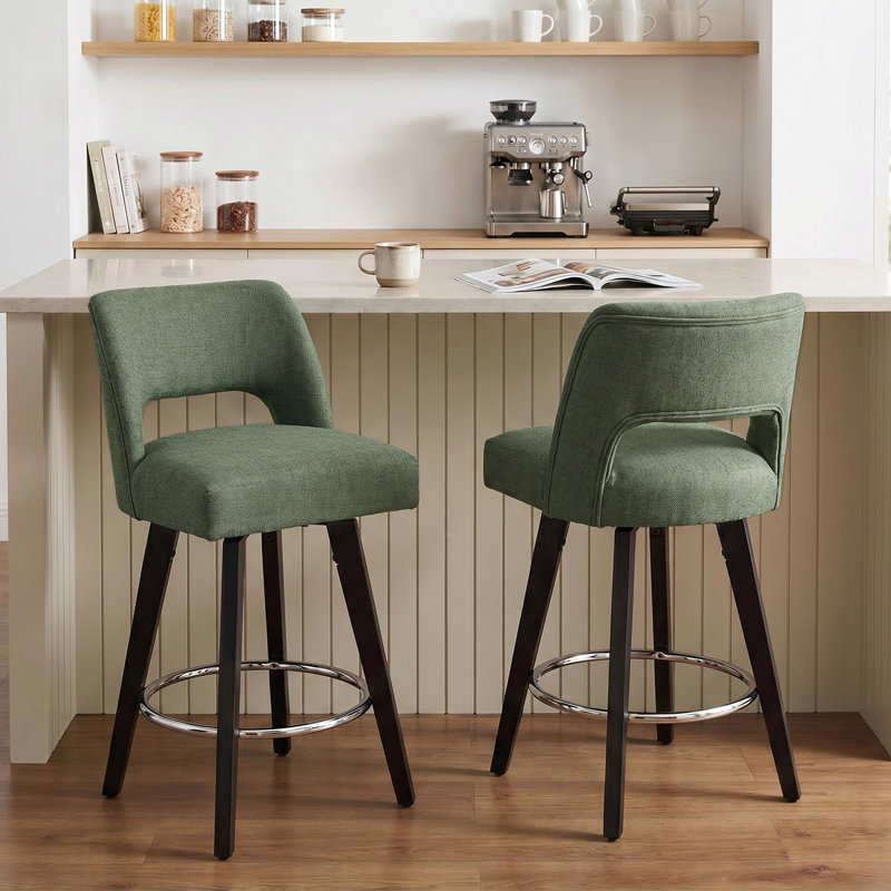 Tabourets de bar pivotants de 67 cm (26,4 po) – Revêtement aspect lin, pieds en bois massif noir, dossier ouvert pour îlot de cuisine