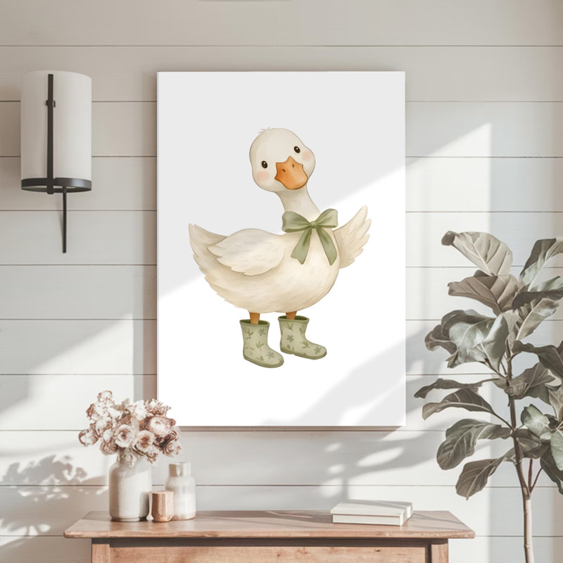 Tableau aquarelle fantaisiste « Canard botté et nœud papillon », 61 x 91 cm, impression sur toile tendue sur châssis, blanc et rose. Décoration murale originale pour la cuisine, la salle de bain et la chambre d'enfant.