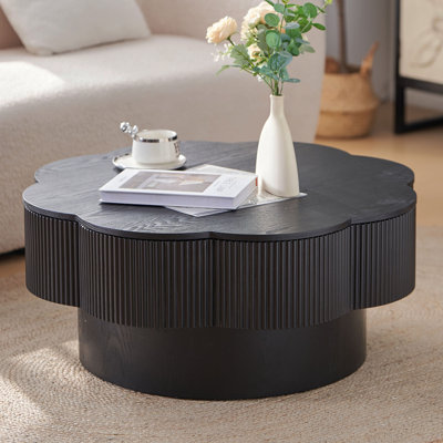 Table basse 31,50 "en forme de fleur moderne, table basse en forme de fleur de prunier avec rangement - placage en bois naturel, pour salon, appartement, bureau, assemblage facile, noir