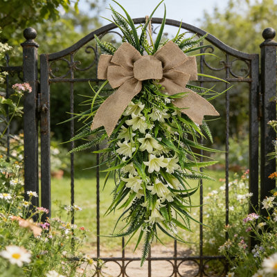 Spring and Summer Linen Bow Lily Garland，garland Hanging Ornament for Spring Holiday Wall Window Party Decor