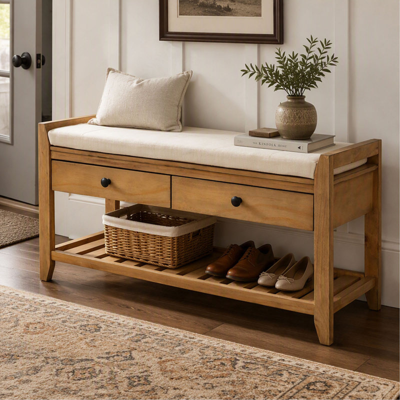 Étagère à chaussures avec siège rembourré et tiroirs, banc de rangement multifonctionnel pour entrée ou couloir, Old Pine