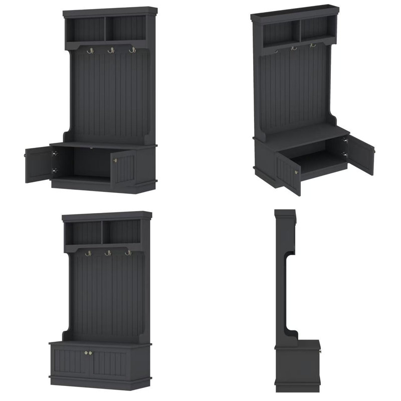 Hall Tree With Storage Shoe Bench For Entryway And Hallway, 4-In-1 Design Coat Racks With Hooks For Living Room, Black, Black
