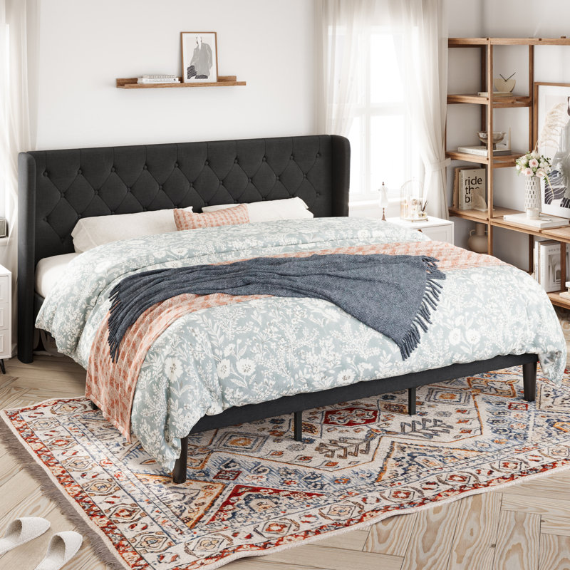 Walace Upholstered Wingback Bed, King, Black