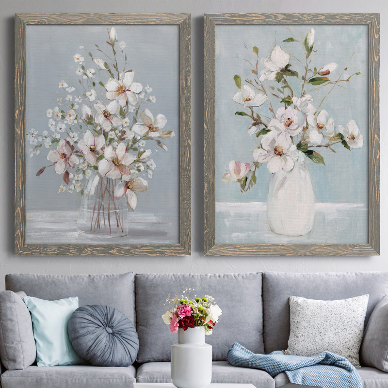 Magnolia Romance - Ensemble de 2 peintures sur toile encadrées, H 44 po x l 31 po x P 1 po, Encadré gris
