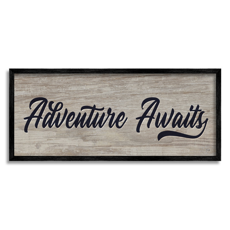 " Adventure Awaits Rustic Vintage Typography Grain Pattern ", Midnight Black Framed Giclee, 13" H x 30" W x 1.5" D
