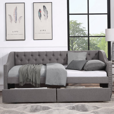 Upholstered Twin Size Daybed With Two Drawers, Wood Slat Support, Gray(OLD SKU :LP100011AAE)