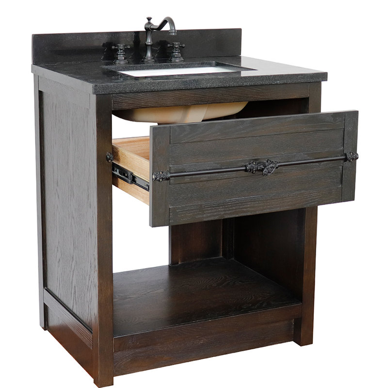 Zimmer 31'' Single Bathroom Vanity with Top, Brown Ash, Black Galaxy