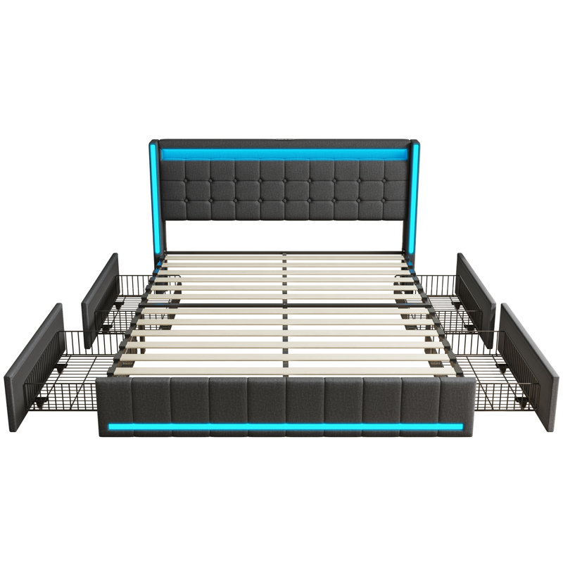 Storage Bed With 4 Drawers, USB Ports & LED Lights, Linen Upholstered Wingback Bed Frame, Grey & Beige, Grey