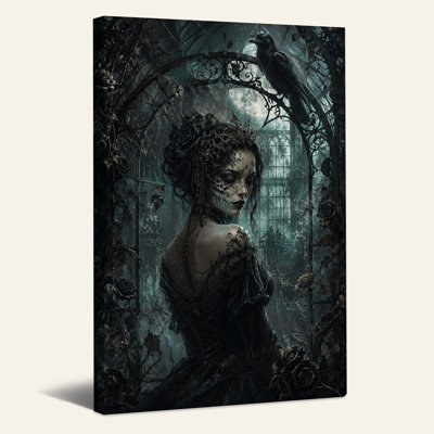 «Gothic Woman with Skull Face Paint and Raven», art mural sur toile d'Halloween