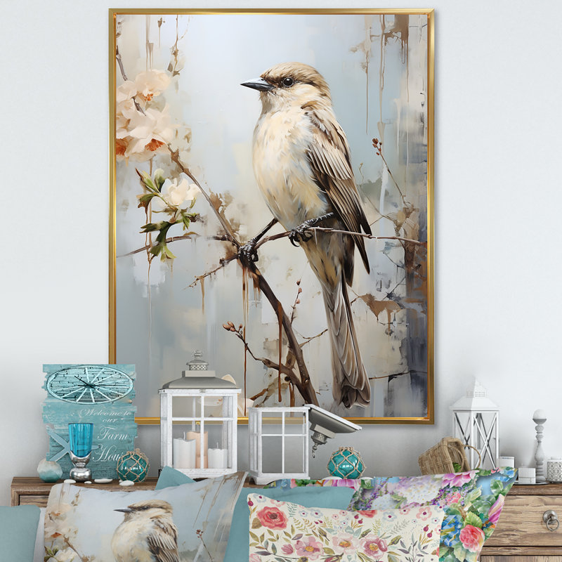 Minimalisme, oiseau beige sur une branche, Cadre flottant doré, H 44 po x l 34 po x P 1,5 po