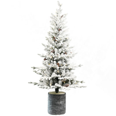 2FT Flocked Christmas Tree With Pot Base, 30 Warm White LED Lights, 189 Tips, PE+PVC Branches With 3 Pine Cones – Small Prelit Holiday Tree For Tabletop, Entryway, Or Home Decor