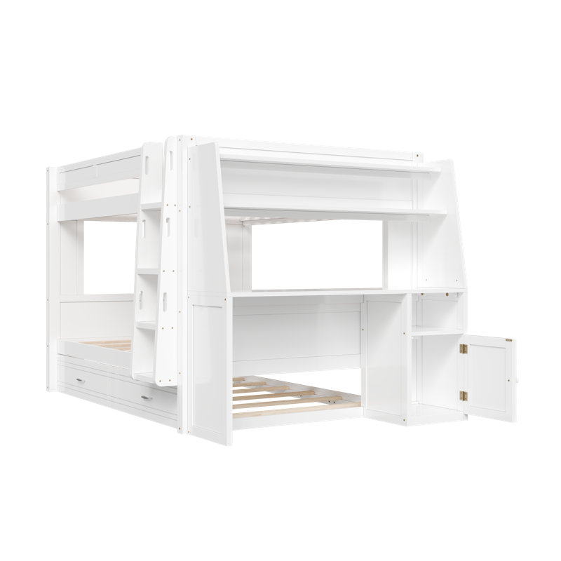 Lit superposé double pleine grandeur avec bureau et bibliothèque, lit gigogne, Blanc