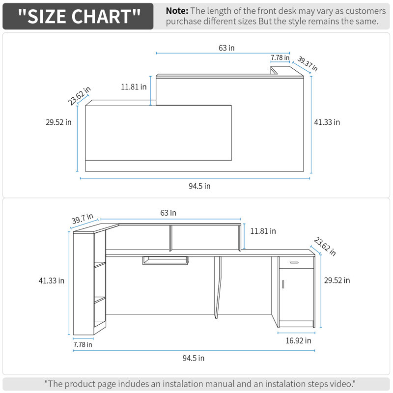 L-Shaped Reception Desk with Lockable Drawers, Computer Desk, and Storage Shelves/Front Desk, 41.33" H x 94.5" W x 39.37" D