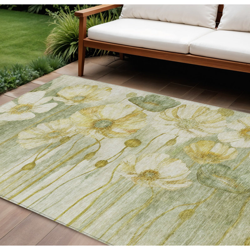 Tapis extérieur lavable floral vert ivoire et ivoire 9 'X 12'