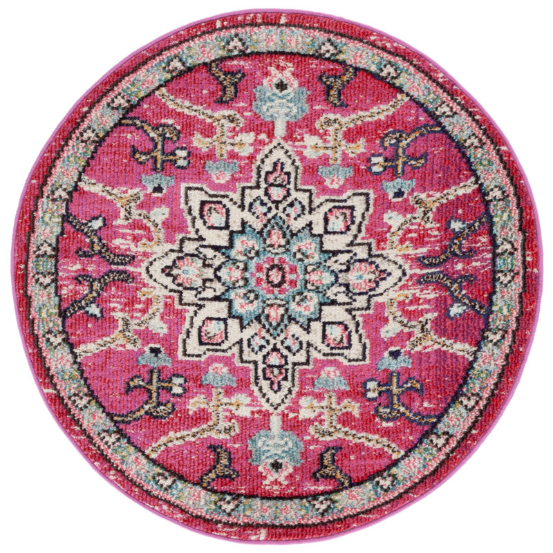 Felty Oriental Fuchsia / Blue Area Rug, Round 3'