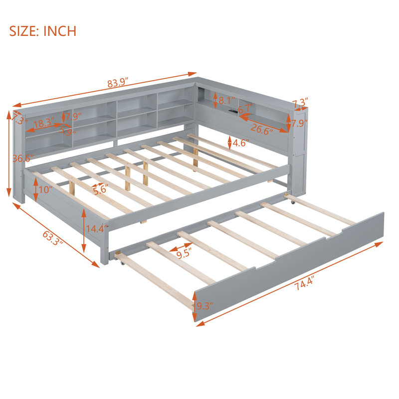 Wooden Daybed with Twin Trundle, Storage Shelf, and USB Charging Ports, Functional Modern Design,, Gray, Full/Double