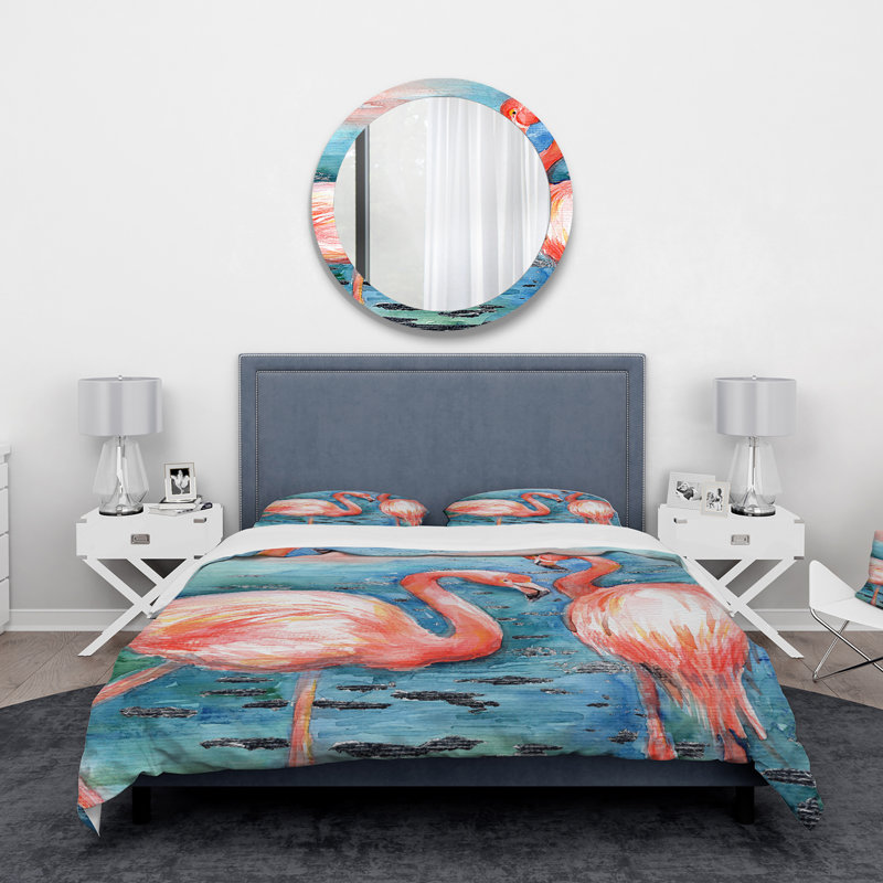 Flamants roses dans l'eau bleue I - Ensemble de housse de couette Farmhouse - Microfibre de polyester