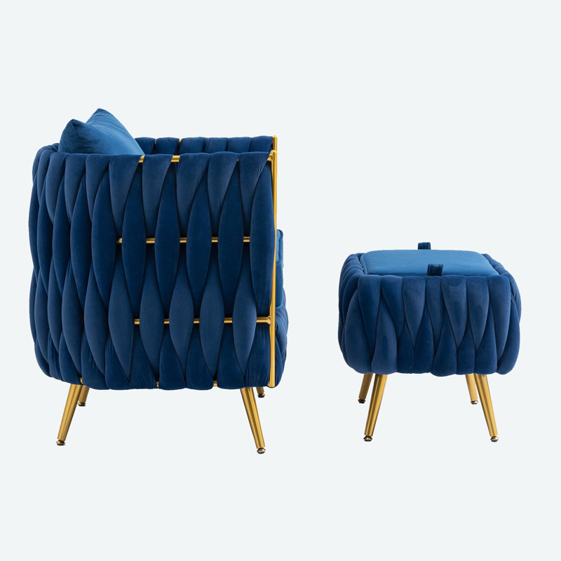 Misheel Velvet Barrel Chair with Ottoman, Navy Polyester
