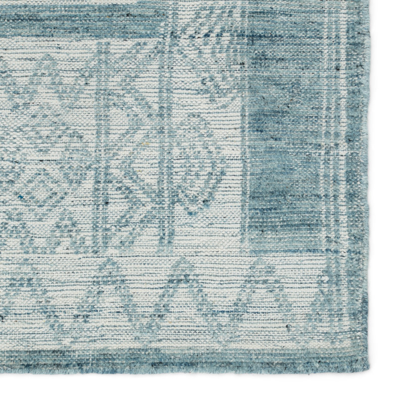 Cirus Hand Knotted Geometric Blue/ Ivory Area Rug (6''X9''), Blue/Ivory, Rectangle 10' x 14'