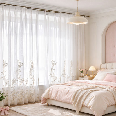  Rideaux transparents brodés à motif floral beige, 2 panneaux, broderie botanique avec bordure en dentelle, voilages filtrant la lumière à œillets pour chambre à coucher, salon