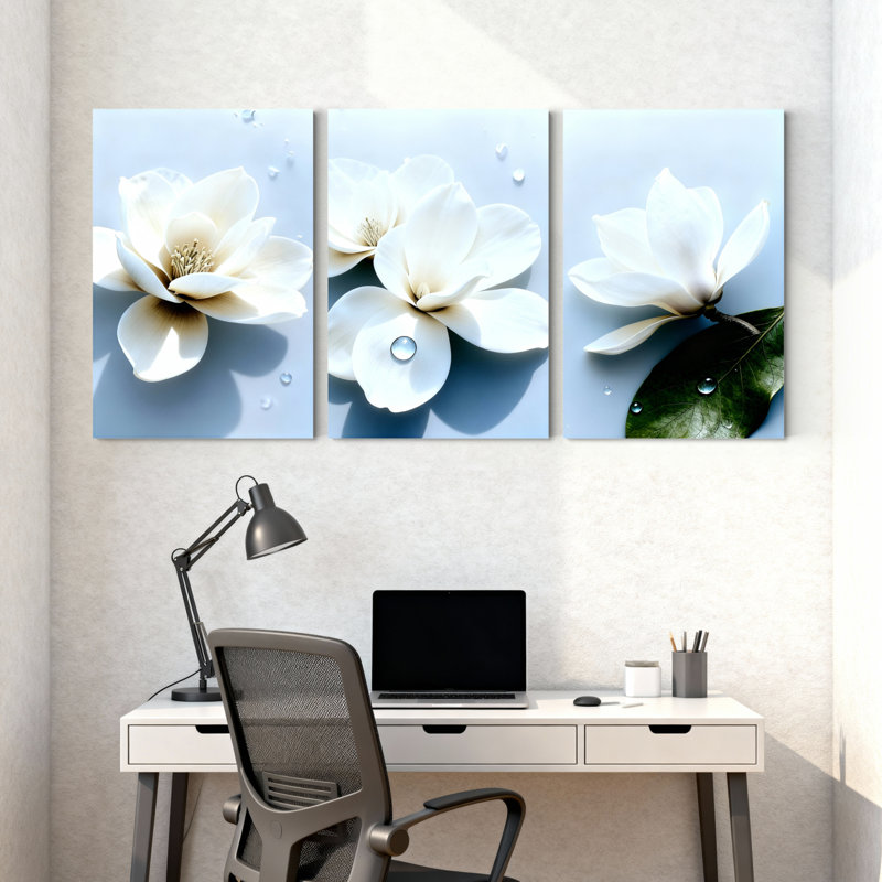 Ensemble de 3 tableaux sur toile tendue représentant des fleurs de magnolia blanc, pour la décoration du salon et de la chambre à coucher.