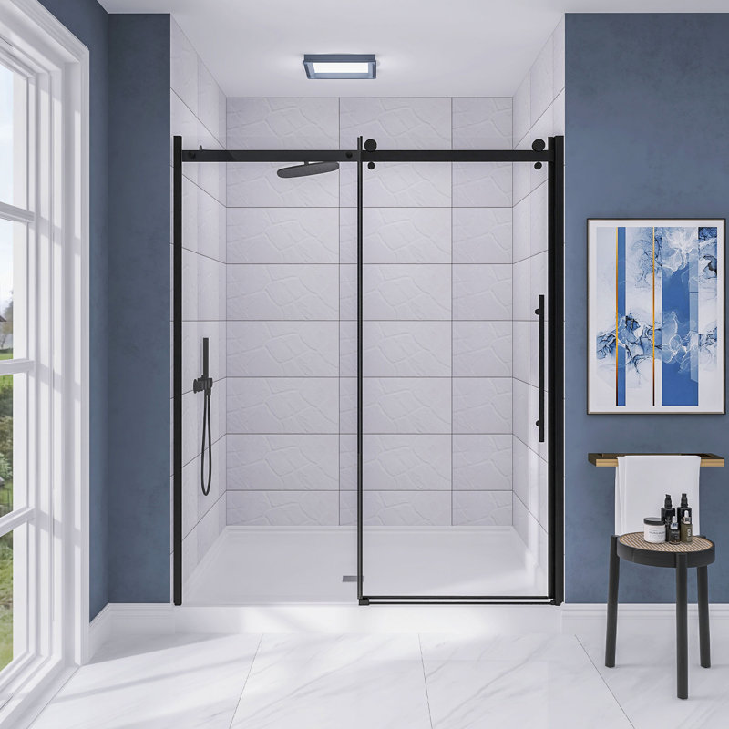 58.5"-60" W X 72" H Single Sliding Semi-Frameless Shower Door | 1/4" (6mm) Thickened Upgrade Explosion-Proof Tempered Glass | Aluminum Alloy Frame | Safe,Magnetic, Explosion-Resistant, Clear & Stylish, Sturdy & Durable