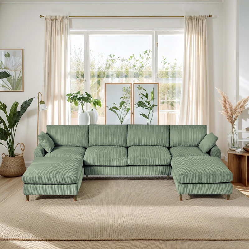 Canapé modulaire moderne en velours côtelé, ensemble de canapé en L convertible en forme de U avec coussin, canapé modulaire surdimensionné avec repose-pieds, convient au salon, au grenier, à un appartement, à 6 sièges vert olive