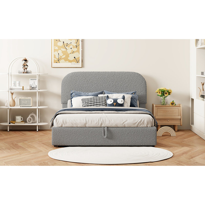 Lit plateforme confortable en molleton gris avec rangement hydraulique pleine grandeur et optionnel, Lit double, Gris clair 