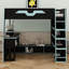 Lit mezzanine avec bureau et tablettes de rangement multiples, structure en bois massif avec lumière RVB-367704563