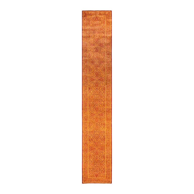 Tapis orange noué à la main de conception unique 2 pi 6 po x 15 pi 10 po Mogul