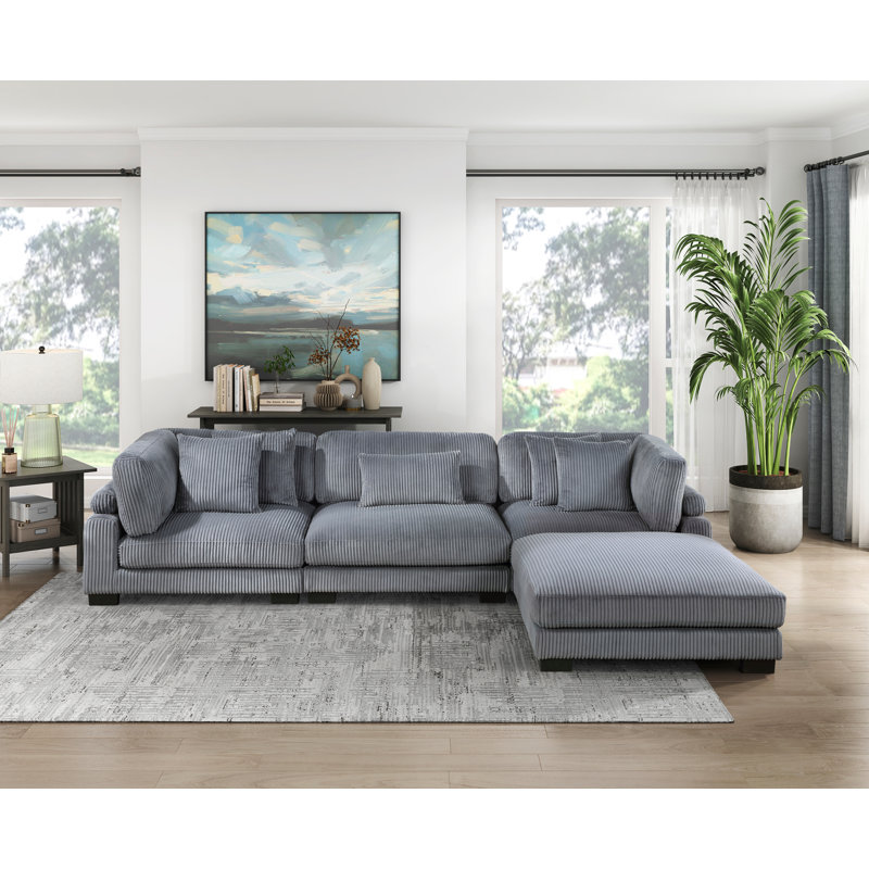 Canapé modulaire 4 pièces avec repose-pieds Sumekh, Velours côtelé gris